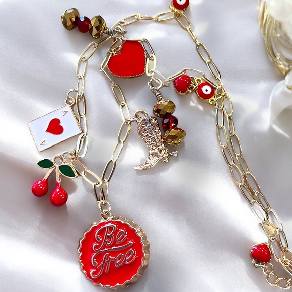 Gold toned dainty and fun Charm Necklace cherries, heart, boot and crystals - Picture 17 of 17